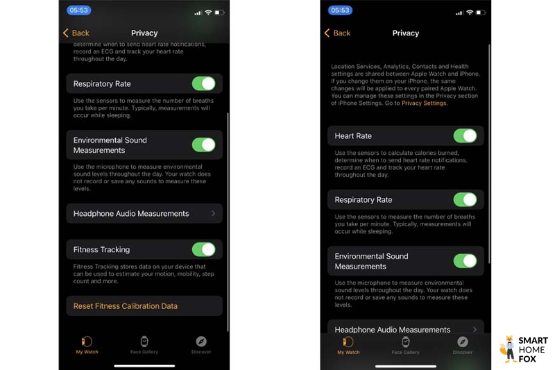 Настройки конфиденциальности в приложении Watch App.